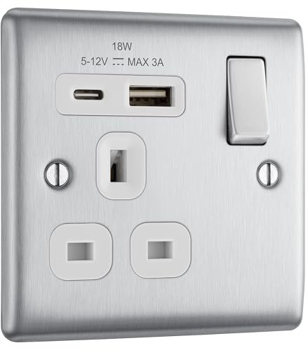 BG Electrical 18W Single Switched Power Plug Wall Socket with Type A USB and Type C USB Charging Ports, Fast Charge, Round Edges, Nexus Metal, Brushed Steel, White Inserts, 13A, NBS21UAC18W