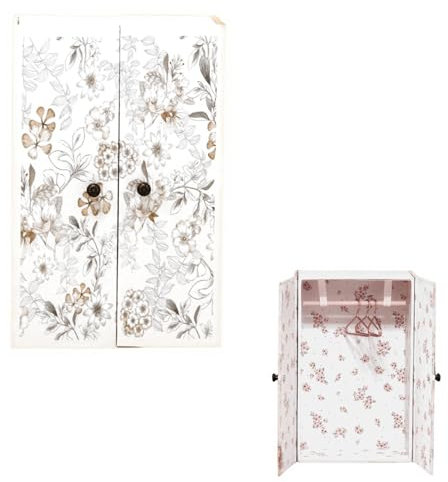 Dollhouse Garderobe, 1/12 Miniaturweißblumenmuster Holzgarderobe mit 3 Kleiderbügeln, Doppel Tür Puppen Hausschrank für Puppenhaus Schlafzimmer Möbelzubehör