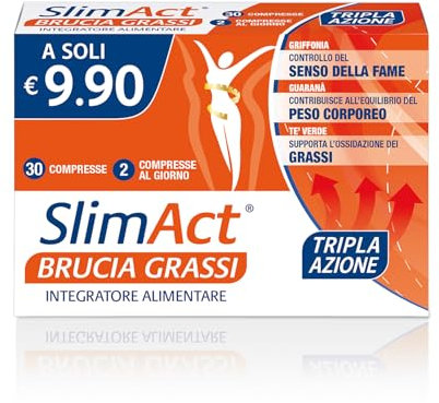 Slim ACT Brucia Grassi, Integratore Alimentare per il controllo del senso della fame e l'equilibrio del peso corporeo, con Griffonia, Guaranà, Tè Verde, Tamarindo e Bromelina 2500 GDU/g - 30 Compresse