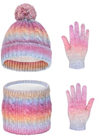 Waylipun 3Pcs Kids Winter Beanie Hat Scarf Gloves Set for 2-7 Years Old Boys Girls, Thermal Knitted Pom Pom Hat Snood Gloves Winter Accessories for Children (Rainbow Mix)