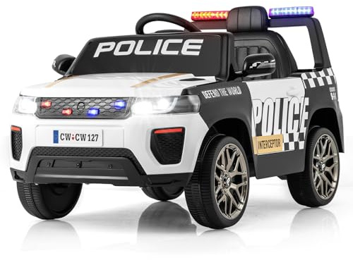 COSTWAY 12V Voiture Électrique Enfant en Forme Police avec Télécommande 2,4G, Véhicule Électrique Enfant 4x4 avec Musique & Lumières LED Clignotantes, 3 Vitesses, Charge 30kg pour 3-8 Ans (Blanc)