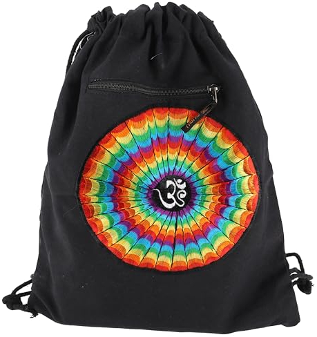 Bestickter Turnbeutel, Rucksack, Sportbeutel, Freizeitbeutel, Goa Beutel, Hippie Beutel - Schwarz/regenbogen/OM, Herren/Damen, Baumwolle, Size:One Size, 45x35x15 cm, Ausgefallene Stofftasche