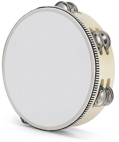 Flexzion Wood Handheld Tambourine for Adults 8-Inch Double Row 8-Pair Jingles (Wood) - Percussion Round Tamborines Musical Instrument with Metal Zills