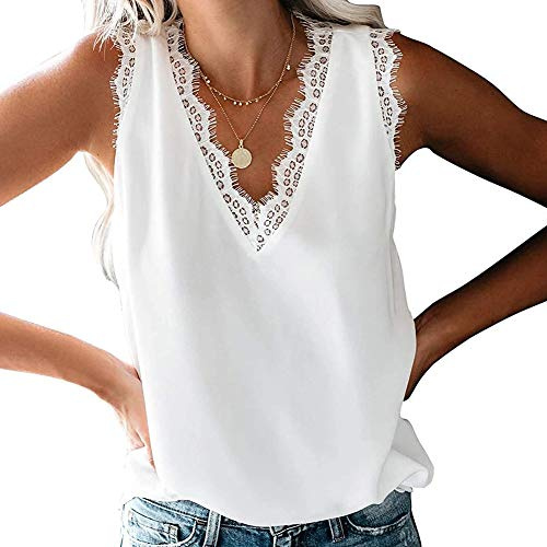 Bipily Mujer Camisa sin Mangas con Cuello en V y Encaje con Cuello en Informal sin Mangas Camisa Blusa Camisole Blouse Shirt Cami Tank Tops de Verano-Blanco-S