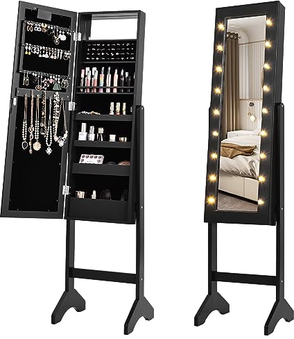 COSTWAY 18 LED Lights Jewelry Cabinet with Full Length Mirror, 2-in-1 Floor Standing Adjustable Jewelry Armoire, Home Bedroom Dressing Room Jewellery Storage Organiser Unit (Black)