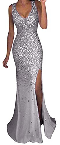 Minetom Femme Élégante Col V Robe à Paillettes sans Manches Longue Maxi Robe de Soirée Mariage Cocktail Demoiselle d'honneur A Argenté L
