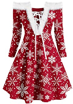 Robe à manches longues et col en fourrure et épaules dénudées pour femme, Motif flocons de neige - Rouge, XL