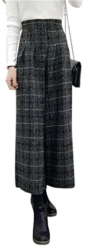 chouyatou Pantalon d'hiver pour femme à taille haute et jambes larges à carreaux en mélange de laine style palazzo capri culotte avec poches, vichy, L
