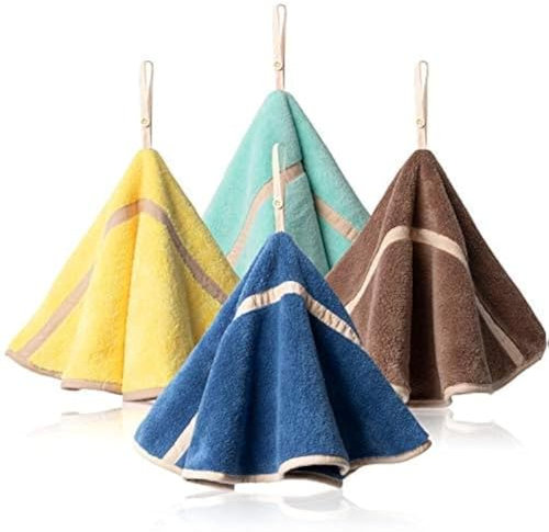 Newdvmmss 4 x Runde Handtücher mit Schlaufe, saugfähig, Korallen-Fleece, Badezimmer-Handtücher, weich, dick, Geschirrtuch, Handtuch(4 Farben B)