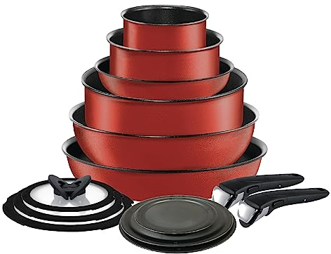 T-fal Ingenio Expertise Non Stick Cookware Set 14 Piece, Induction, Oven Broiler Safe 500F, Cookware, Pots and Pans Set, RV, Camping, Kitchen Frying Pans, Dishwasher Safe, Detachable Handle Cherry Red