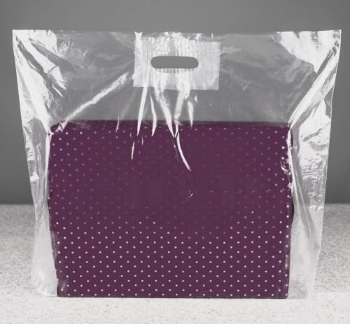 LARGE Reusable CLEAR Plastic Carrier Bags with Patch Handle - 54cm x 46cm +7cm / 22 x 18 x 3 - Ideal for Shopping, Fashion, Boutique, Party, Conferences, and Trade Shows (50)