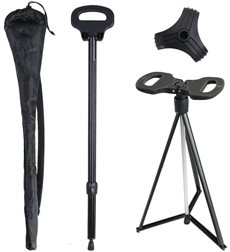 Cane with Seat Folding Lightweight 2-in-1 Portable Walking Stick with Seat for Men & Women Sturdy Tripod Cane Chiar Foldable Stool Mobility Aid Crutch with Travel Bag for Elderly, Seniors & Handicap