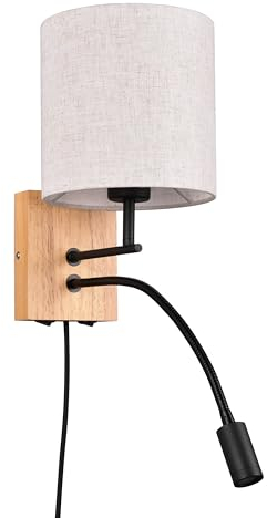Trio Lámpara de pared Nilam 212879236, madera natural, tela de pantalla, excl. 1x E27, brazo de lectura incl. LED de 3,1 vatios, Flex Connect