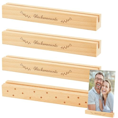 Namalu Set de 4 Soportes para Tarjetas de Madera con Refranes Portatarjetas de Lugar de Madera para Fotos Postales Soportes de Números de Mesa para Etiqueta de Nombre Boda Regalo Fotográfico (Feliz)