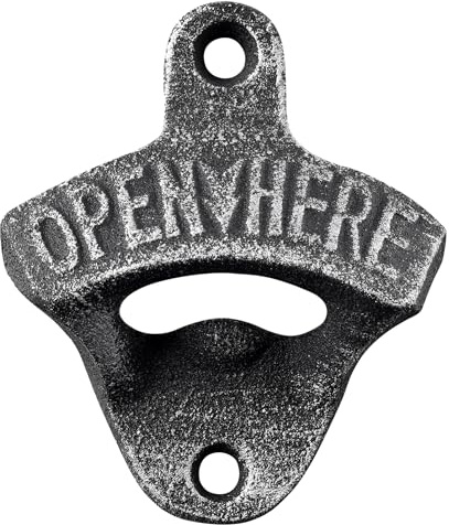Jumiok Cast Iron Bottle OpenerWall Mounted Aged Silver OPEN HERE Screw in Wall Beer Cap Opener Gift for Wooden Table Man Cave