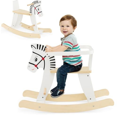 COSTWAY Cavallo a Dondolo in Legno per Bambini Con Recinzione Rimovibile, da Interno per 3 Anni+, Bianco