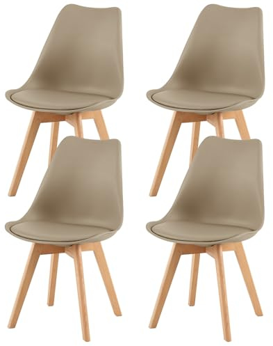 EGGREE Set di 4 Sedie Sala da Pranzo Sedie da Cucina con Gambe in Legno Sedie Ufficio Imbottita in Pelle PU Moderne Design, Cachi