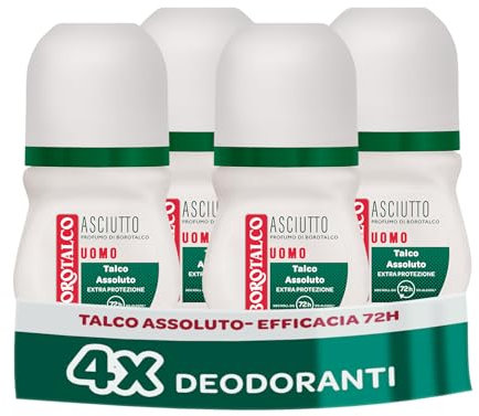 Borotalco Deodorante Uomo Roll-On Asciutto con Talco Assoluto, Senza Alcool, 72h Efficacia - 4 Pezzi da 50 ml