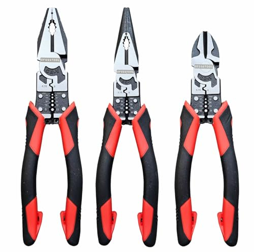 3PCS Combination Pliers Set, 9 In 1 Multifunction Electrician Tool, 8.5 Long Nose, 8.5 Linemens, 8 Diagonal Cutting Wire Stripper/Heavy Duty Side-Cut (Red/Black)