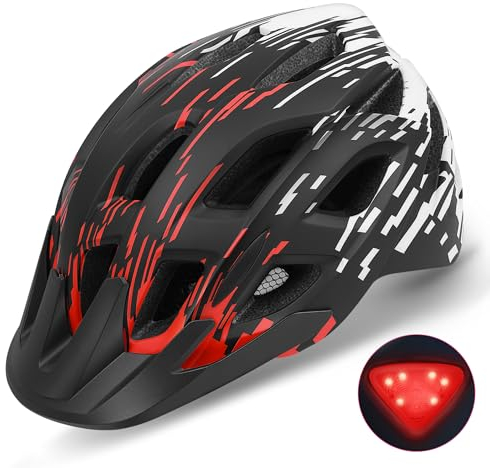 Fahrradhelm Erwachsene mit Visier und LED, Fahrradhelm Herren Damen mit 21 Belüftungsöffnungen, MTB Mountainbike Helm Radhelm Cityhelm Urban Fahrrad Helm 57–61 cm (BlackRed)