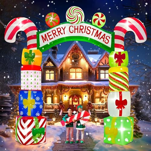 Kalolary 10 Piedi Decorazione Gonfiabile di Natale, Confezione Regalo Arco Gonfiabile Natalizio con LED Integrati, Arco Gonfiabile Gigante Natalizio per Feste Interne, All'aperto (Arco dei Regali)