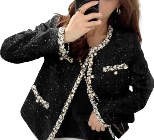 Suncadmious Donna Elegante Blazer Coreano Casual in Tweed Temperamento Colletto Rotondo Blazer Casual a Quadri con abbottonatura Cappotto Giacca Corta (Black,L)