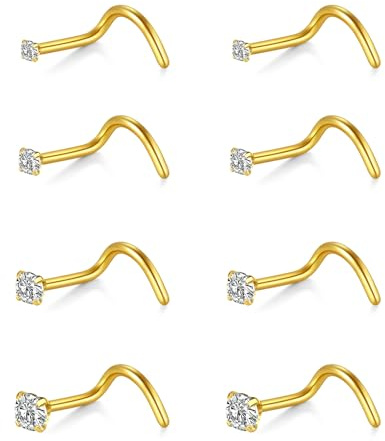 AceFun Nose stud 8 Pieces 22G Nose stud Gold Nose Screws Rings Studs Nose Piercing surgical steel Piercing Jewellery Clear Gold