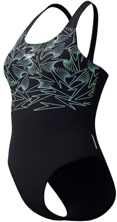 Speedo Women's Hyperboom Placement Muscleback Swimsuit | Quick Drying | Training | Fitness | Chlorine Resistant, Black/Alfalfa Green, 38