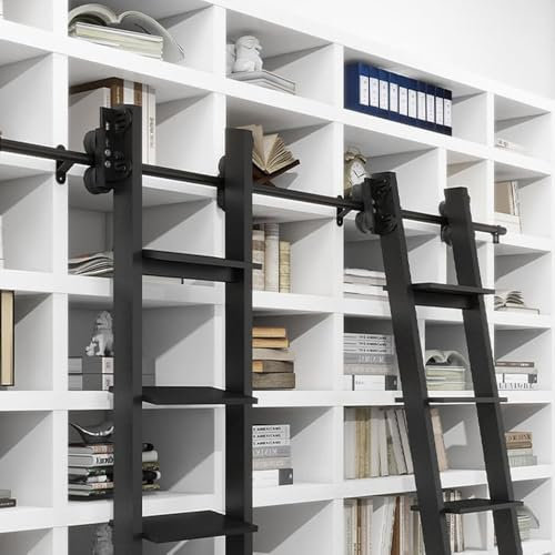 Svart skjutstege-hårdvarasats (ingen stege), infällbar rullande biblioteksstegehållare, biblioteks-skjutstege-hårdvarasats(Custom)