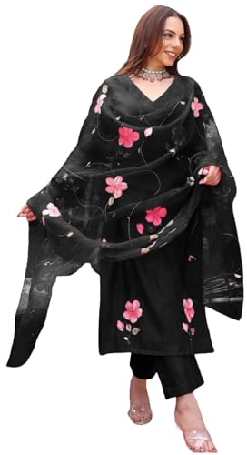 GoSriKi Women's Rayon Viscose Printed Straight Kurta with Pant & Dupatta, Black, L