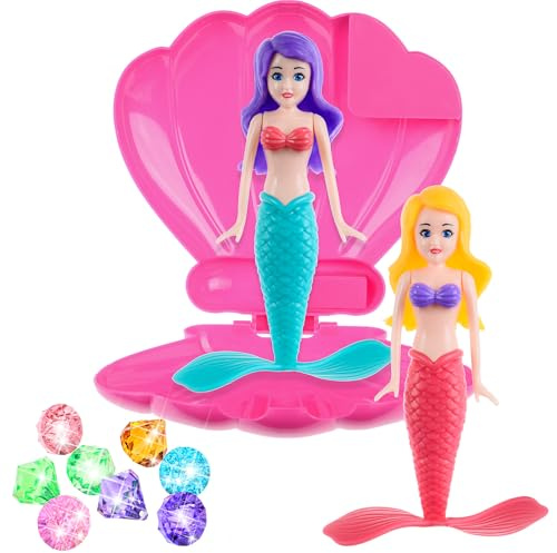 dollbie Schwimmbad Tauchen Spielzeug Set beinhaltet 2 Stück Meerjungfrau Prinzessin Puppen, eine Shell und 7 Stück Diamanten Zubehör, Kids Party Supplies Geschenke & Wasser Spielzeug für Kinder