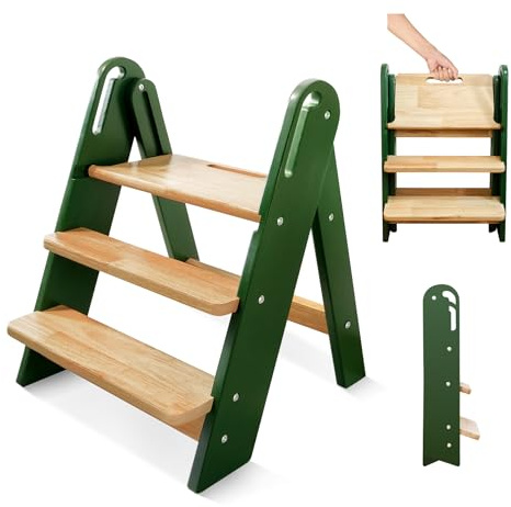 Wooden Step Stool for Kids, 3-Step Foldable Step Stools, Learning Tower with Handles for Potty Training, Toddler Toilet Step for Bathroom Sink, Kitchen, Bedroom, Safe and Sturdy, Green