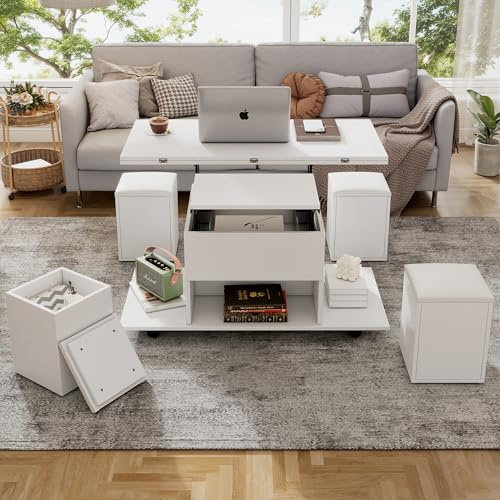 Laxnb Couchtisch Höhenverstellbar mit 4 Stauraum Hockern, Wohnzimmertisch Coffee Table mit Ausziehbar Tischplatte, Beweglicher Couchtisch mit Stauraum, Tisch Wohnzimmer Esstisch Set Sofatisch, Weiß-A