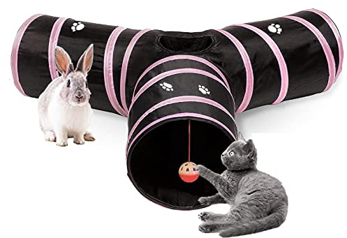 Cats Bunny Tunnel Tube Pink,3 Way Collapsible Small Animal Play Tunnel Toys with Ball for Indoor Cat Kitten Bunny Rabbit Ferret Small Animals (Black@Pink)