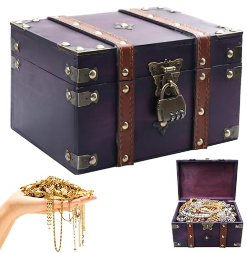 GBKDQQ Skattkista Av Trä Med Lås, Vintage Träkista Med Lock, Piratlåda, Förvaring För Barns Födelsedag Bröllopsdekoration Presenter, 21 X 15 X 13 Cm, Lila