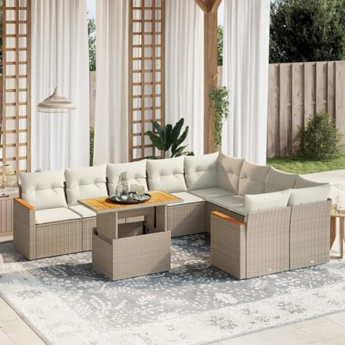 QJBSAVVA Ensemble de 10 meubles de balcon en rotin - Beige - 100 x 55 cm - Hauteur réglable - Avec groupe de sièges en rotin synthétique - Résistant aux UV - Pour petits balcons, terrasse, salon de