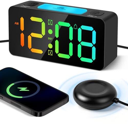 Philorn Loud Alarm Clock with Bed Shaker for Heavy Sleepers, RGB Led Display, Dual Alarm, 4 Dimmers, 5 Volumes, Snooze Night Light, 12/24H, Power-Off Memory, Loud Alarm Clock for Deaf People (Black)