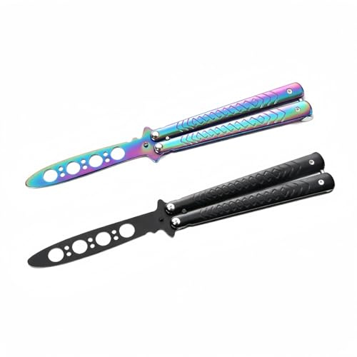 Lajiakoy Cuchillo Mariposa de Entrenamiento, Balisong Trainer para Práctica, Acero Inoxidable, Hoja Roma sin Filo, Cuchillo de Entrenamiento Seguro (Negro+Color)