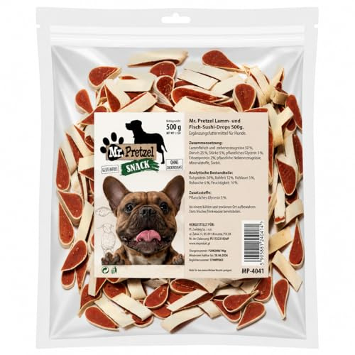 Mr. Pretzel Lamm-Drops med fisk, 500 g, premiumhundsnacks med 50 % lamm och 45 % torsk, spannmålsfri, fettsnål och allergivänlig, perfekt träningsgodis och belöningsvaror