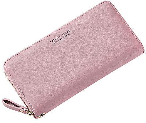 Geldbörse Leder Damen Portemonnaie Groß Geldbeutel Frauen mit Reißverschluss Goldbörsen Damen Lang (Rosa)