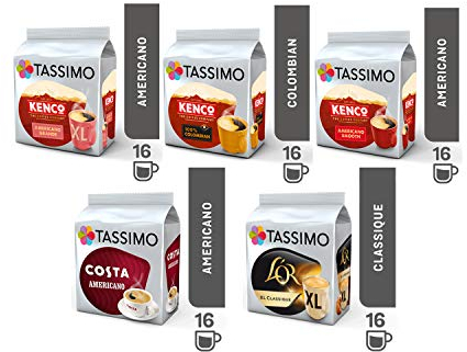 Tassimo Costa Americano/Kenco Americano Grande XL/L'Or XL Classique Coffee Pods - 5 Packs (80 Drinks)