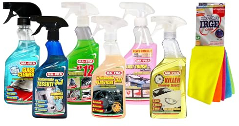 Ma-Fra KIT TRATTAMENTO AUTO INTERNO ED ESTERNO. 3IN1 PLASTICA-LAST TOUCH-HP 12 - KILLER RIMUOVE INSETTI - GLASS CLEANER - TRATTAMENTO TESSUTTI 3IN1 INSIEME 7 PANNI MICROFIBRA MULTIUSO 30x35 cm