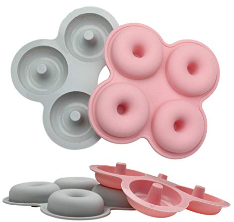 YUKAKI Silikon-Donutformen, Antihaft-Donut-Backform mit 4 Kavitäten, Donut-sichere BPA-freie Blechschale für DIY-Süßigkeiten-Keks-Bagels-Muffins-Kuchen, 2er-Pack (Limonengrün & Pink)