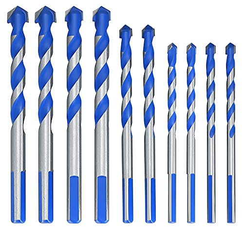 Aoyfuwell10 Pcs Tungsten Carbide Masonry Drill Bit Set, Tile Tip Drill Bits Set for Porcelain Ceramic Tile, Concrete, Brick Wall, Glass, Mirrors, Plastic, Masonry, Wood Drill Bits - 6mm/8mm/10mm/12mm