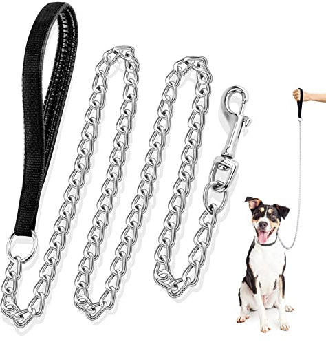 Dacitiery Metal Dog Chain Leash - Chew Proof 4FT/1.2M Heavy Duty Anti-Bite Lead With Nylon Soft Padded Handle for Small Medium Large Dogs (3MM)