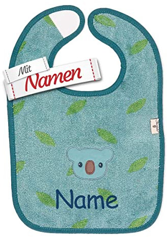 LALALO Sterntaler Lätzchen personalisiert mit Namen (bestickt) Koala Kalla in Blau melange, GOTS zertifiziert Baby & Kleinkind Bio Spucktuch, Klettlätzchen Halstuch/Babylätzchen