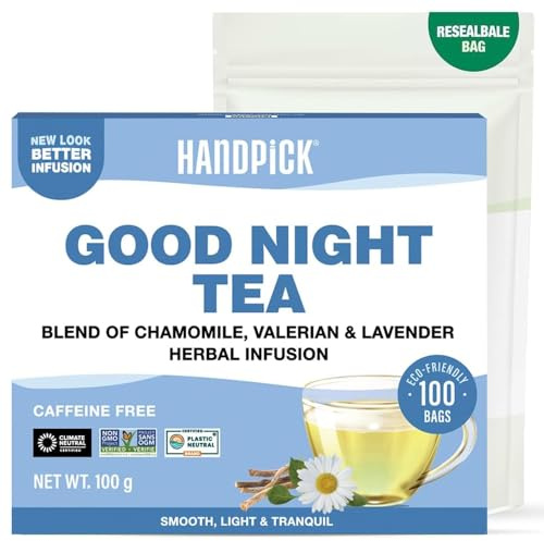 HANDPICK, Good Night Tea Bags (100 Count) Caffeine Free, Gluten Free Herbal Tea | Floral Blend - Lavender, Chamomile, Peppermint |Perfect for Bedtime