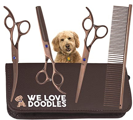 Dog Grooming Scissors Kit - Best Tools for Goldendoodles & Poodles - Straight, Curved & Thinning Shears - Professional Grade Stainless Steel, 4 Pc Set [We Love Doodles]