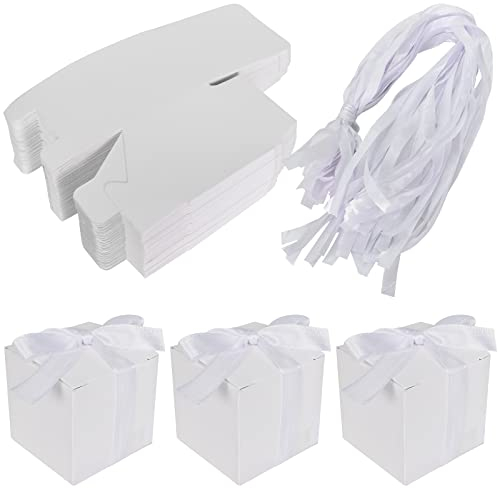 50 Stücke Süßigkeiten Schachtel Candy Boxen Pappe Weiß Mini Geschenkboxen zum Befüllen Gastgeschenke Schachtel mit Geschenkbänder für Party Bankett Geburtstag Hochzeit Ostern Weihnachten