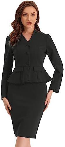Allegra K Business 2-teiliges Anzug-Set für Damen, langärmelig, kragenlos, Schößchen, Blazer, Bleistiftröcke, Schwarz , Medium